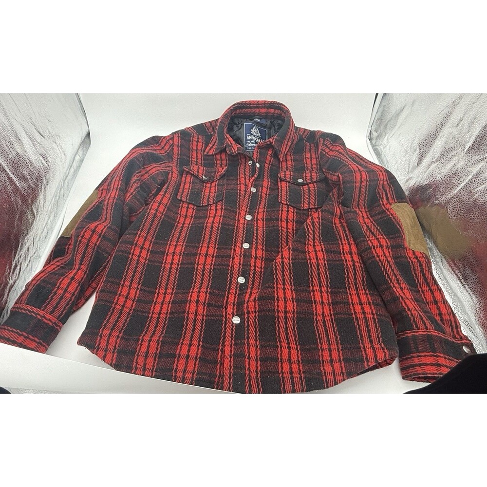 American Rag Red Black Plaid Quilted Shirt Lther Elbow Patches Snap lumberjack S